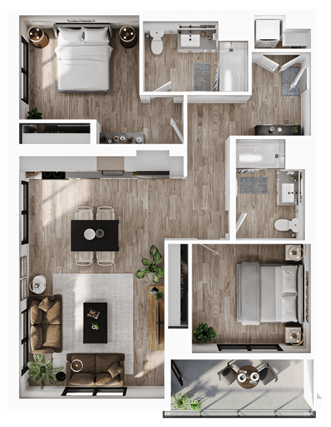 Floor plan for 2 beds, 2 baths, 1104 sqft